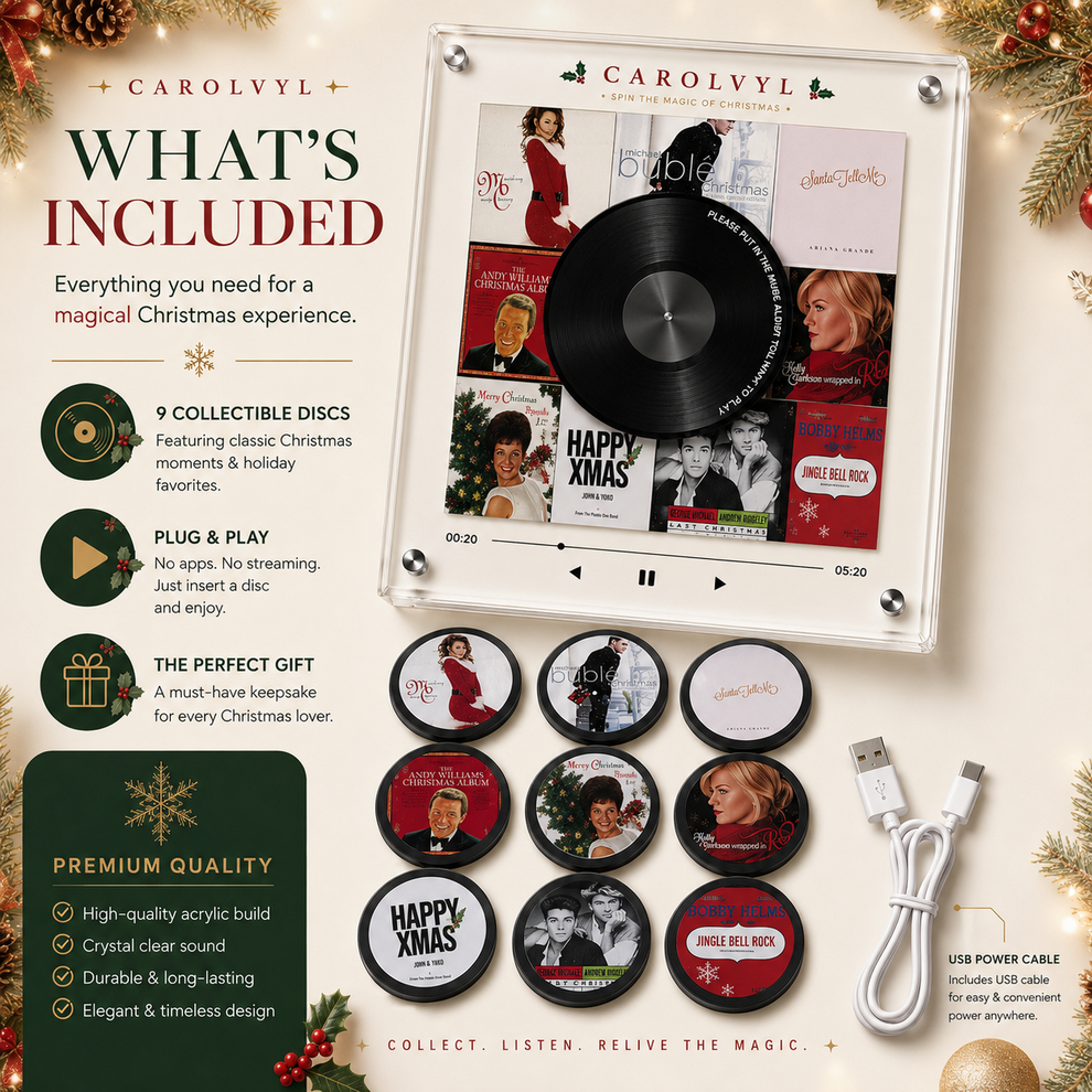 CarolVyl Christmas Vinyl Player – 9 Collectible Discs, Plug & Play Holiday Music Gift